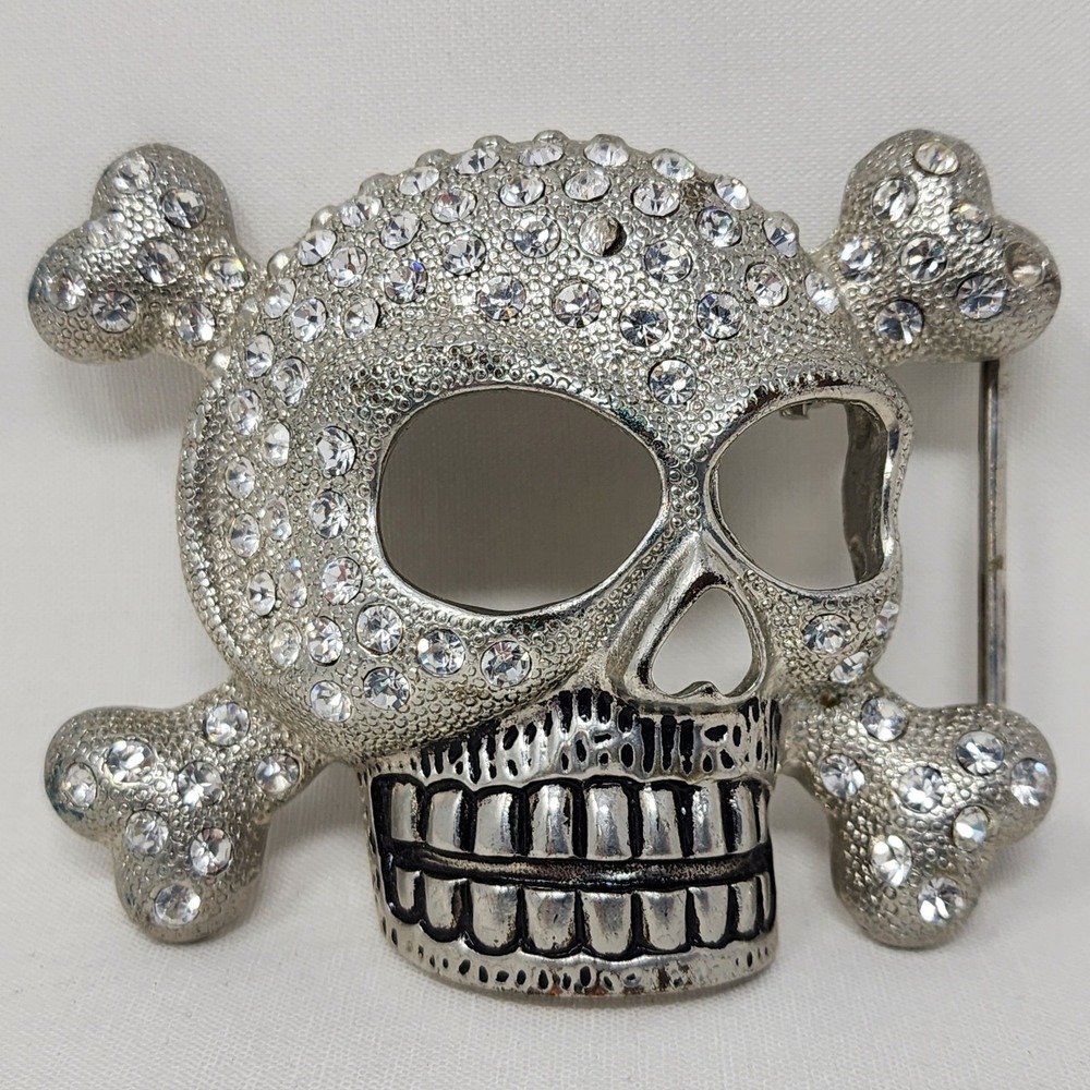 Skull and Cross Bones Belt Buckle with Rhinestones Vintage 3.5"